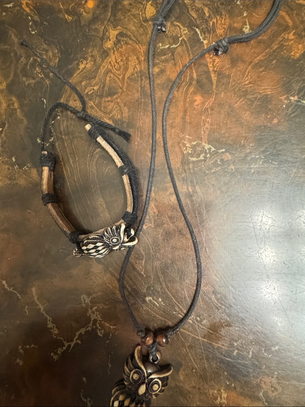 Handmade Brown & Black Owl Pendant Necklace and Bracelet Set